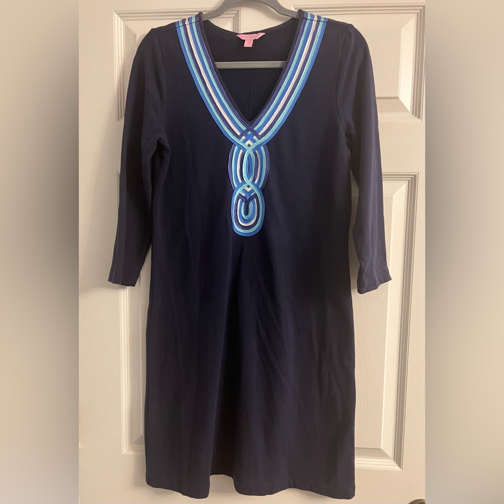 Lilly Pulitzer navy dress sz M w/ cording around neck in classic Lilly colors.